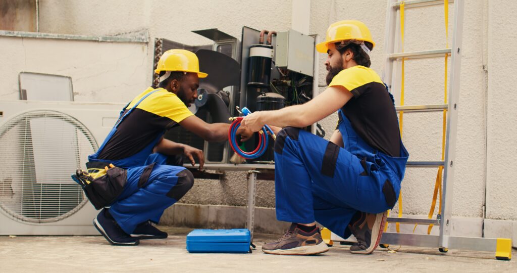 Técnicos realizando manutenção em equipamento elétrico com grau de proteção IP65 IP66 e IP67 para ambientes externos