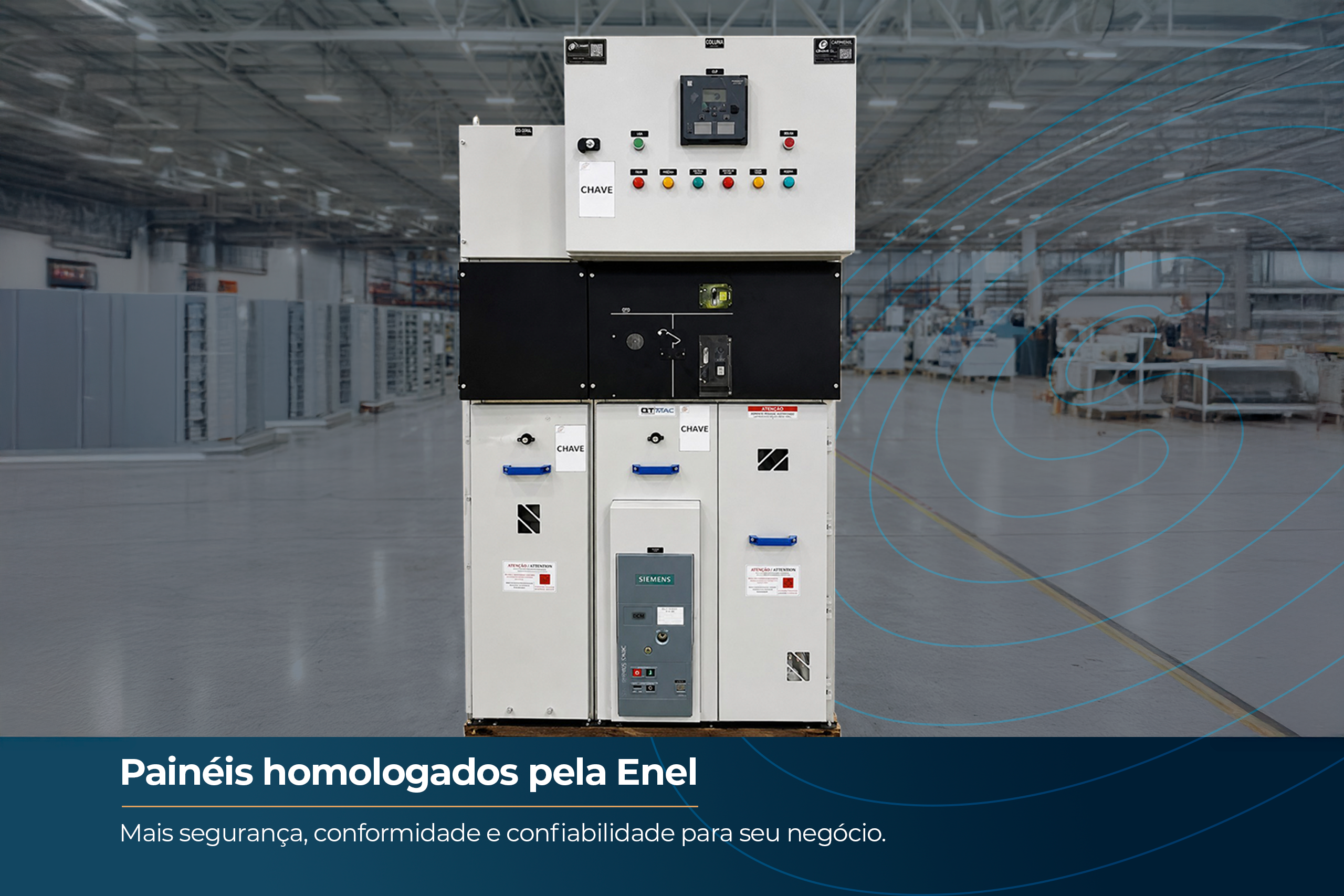 Painéis elétricos homologados fabricados pela Carmehil conforme os requisitos da ABNT NBR IEC 61439 para aplicações industriais.